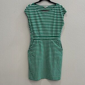 Boden Green and White Striped Cap-Sleeve Sheath Dress with Pockets